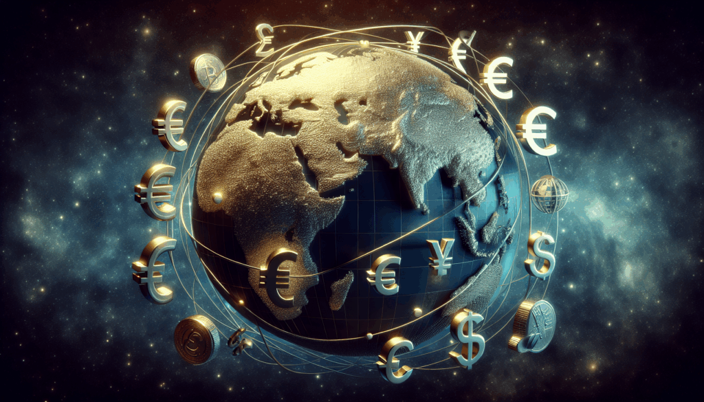 A globe with currency symbols around it, representing currency diversification