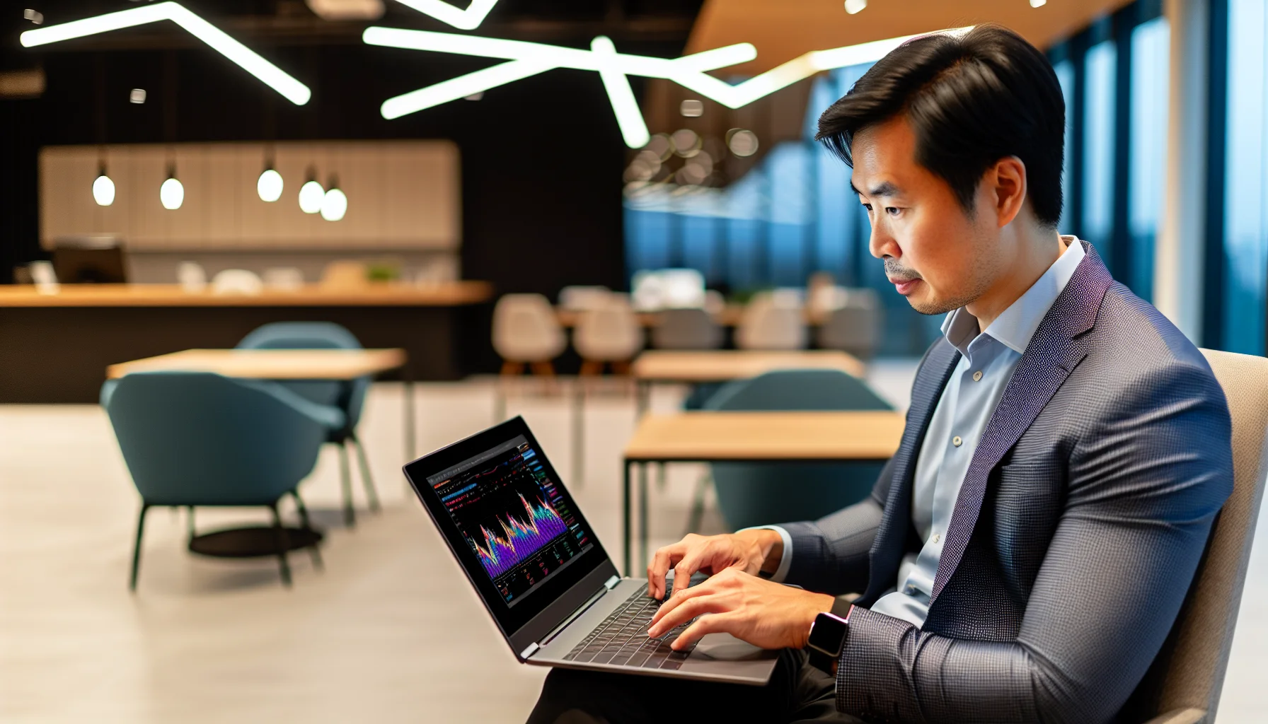 business man working on laptop in lobby 