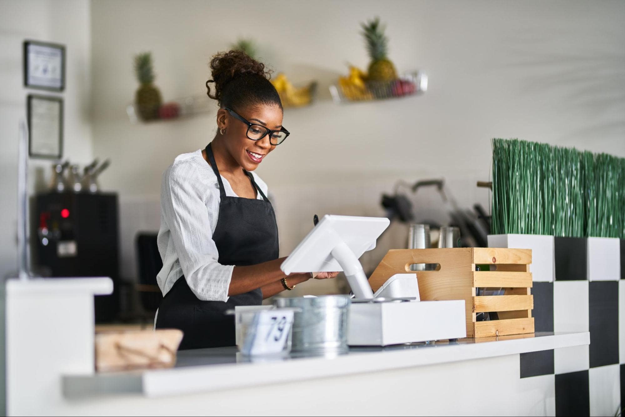 business woman using POs system