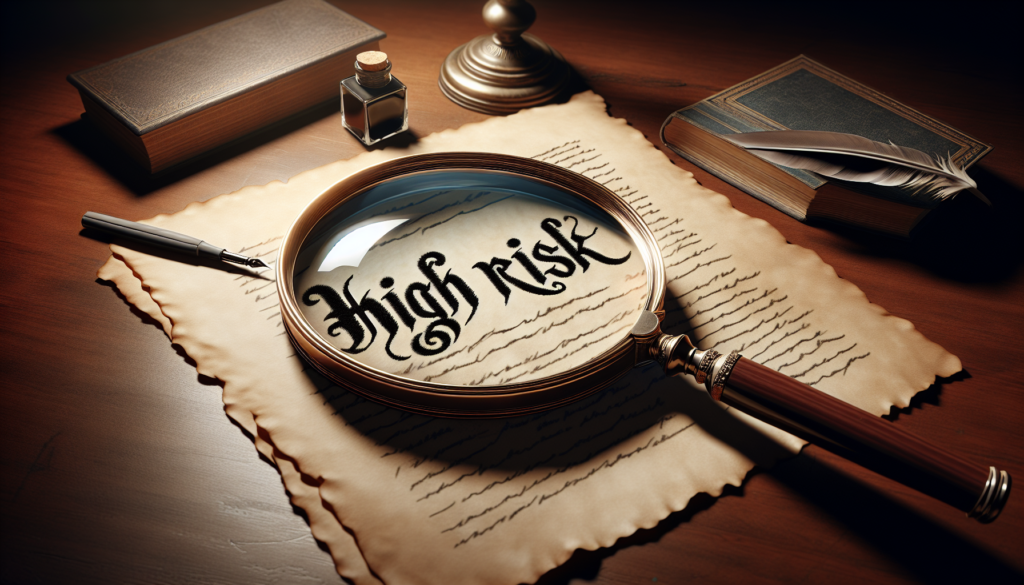 A magnifying glass focusing on the words 'high risk' in a document