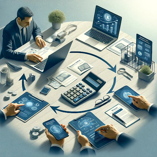 Futuristic office with man surrounded by electronic devices.