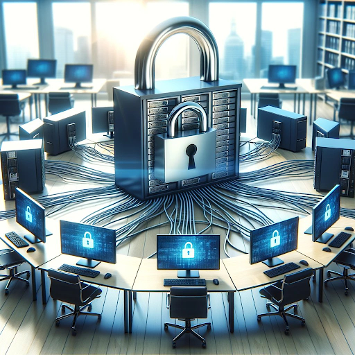 an illuminated meeting room with a circle of desks with computers on them with a big silver lock in the middle.