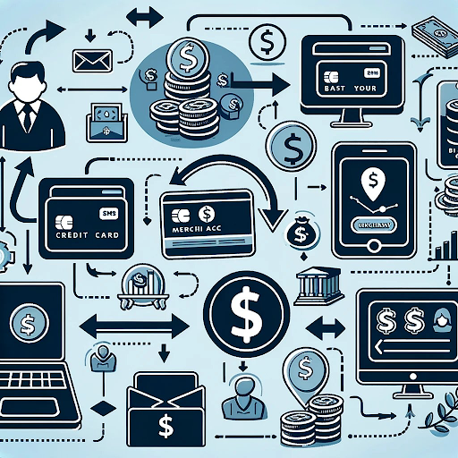 baby blue organizational flow chart with money, bankers, and computers.