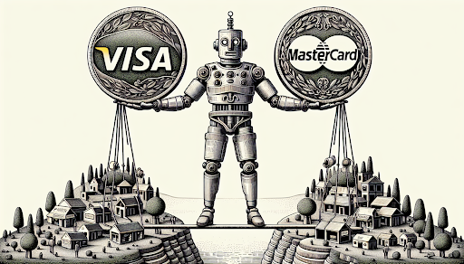 Robot holding up a visa and mastercard coin in each hand above 2 small towns.