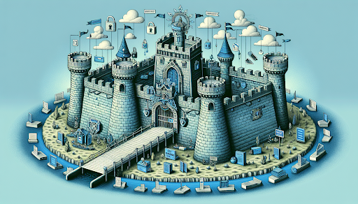 Blue and white castle with moat, flags and bridge. 