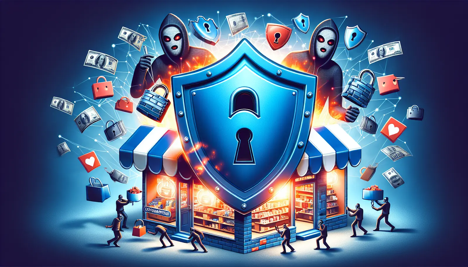 a blue shield with people around it resembles ecommerce fraud 