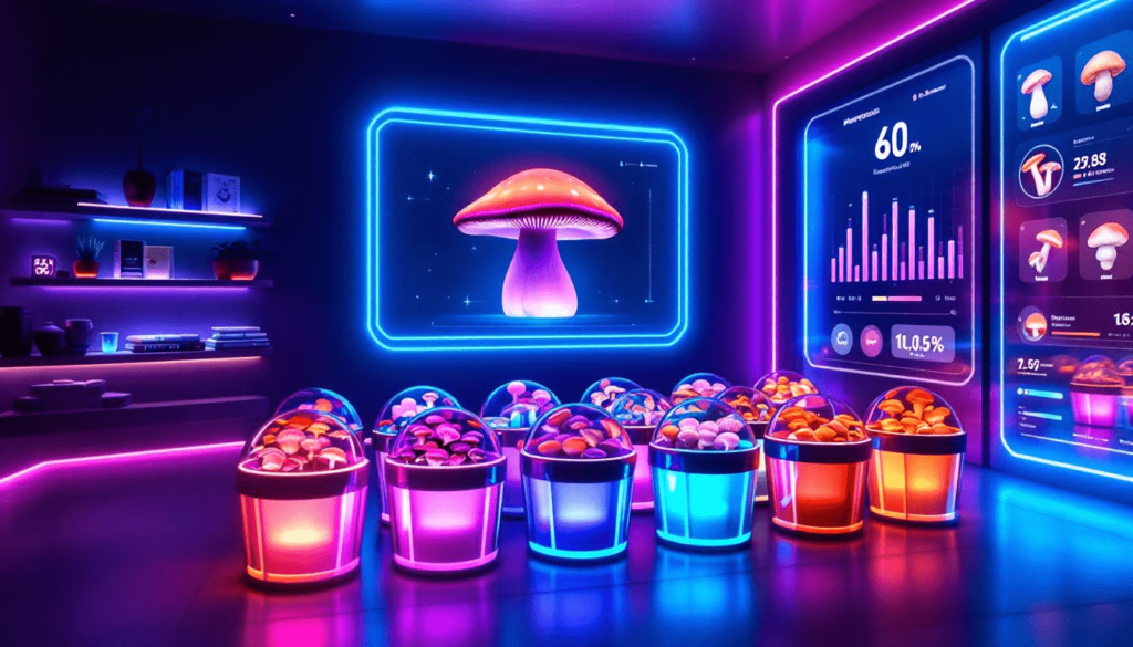 mushrooms in digital room with illuminated screens