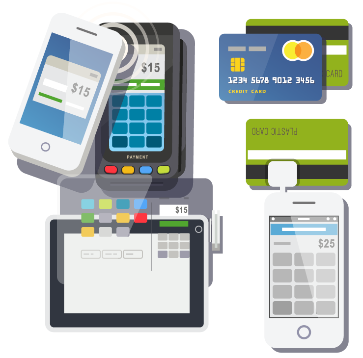 Illustration of digital payment methods for retail payments, including smartphones, credit cards, a tablet, and a card reader, displaying transactions of $15 and $25.
