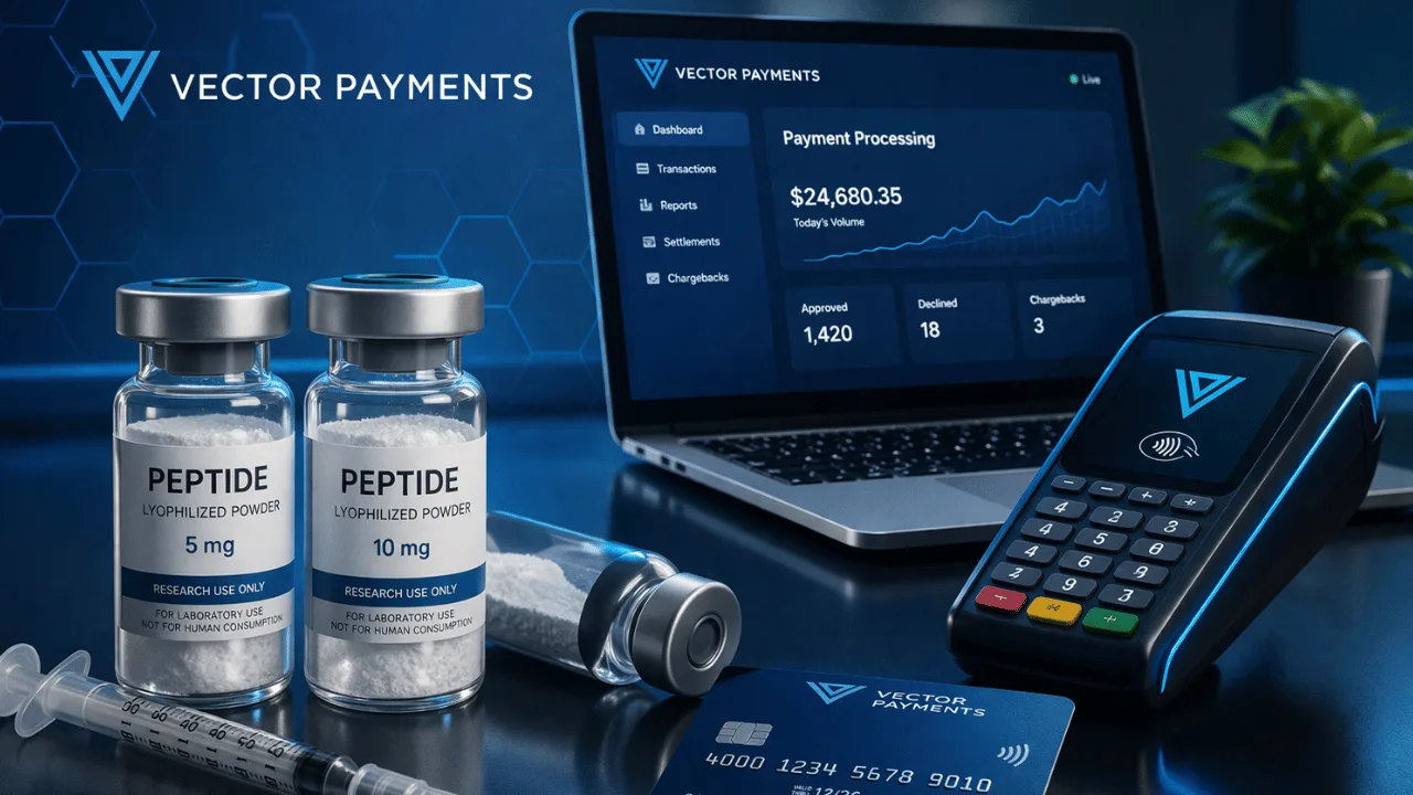 Vector Payments platform processing peptide transaction with mobile payment screen