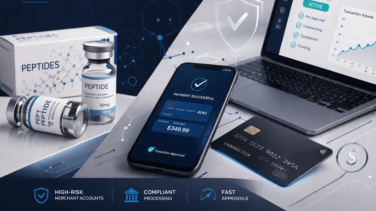 Secure fintech payment system displayed with peptides and credit cards