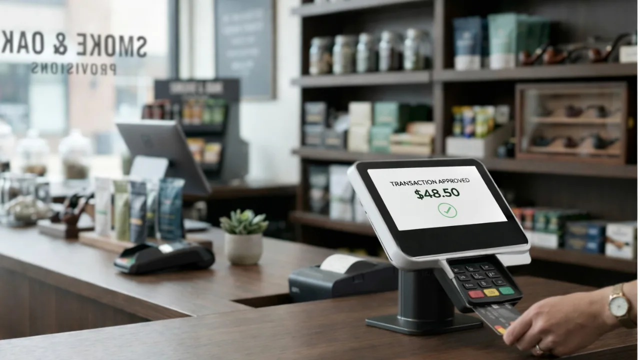 approved transaction on smoke shop POS system with secure payment processing