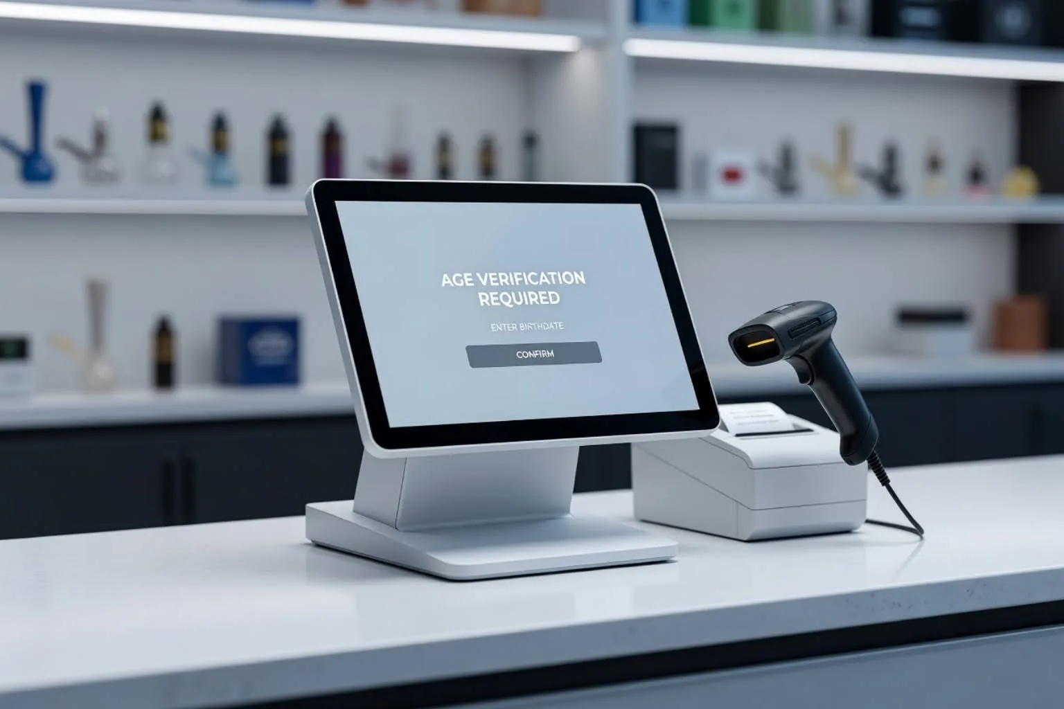 POS system displaying age verification required for tobacco purchase