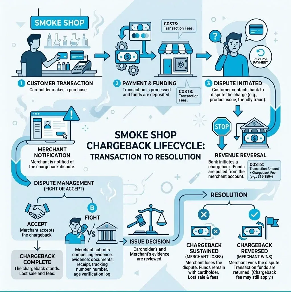 smoke shop chargeback lifecycle infographic showing dispute process and resolution