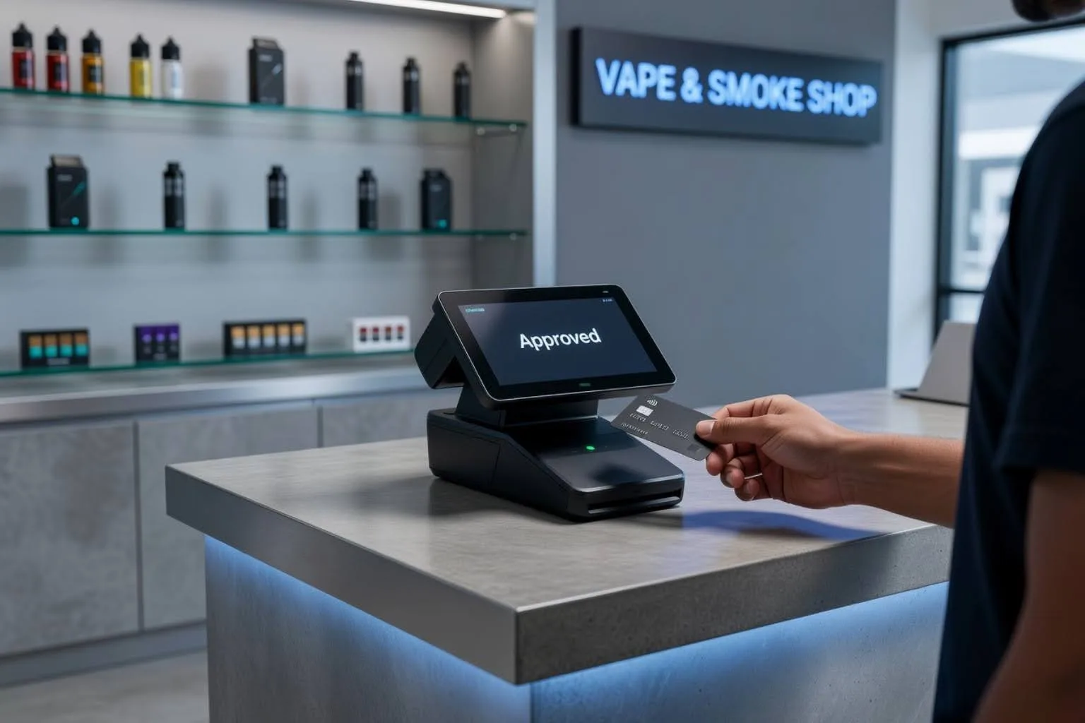 customer using card terminal for smoke shop credit card processing