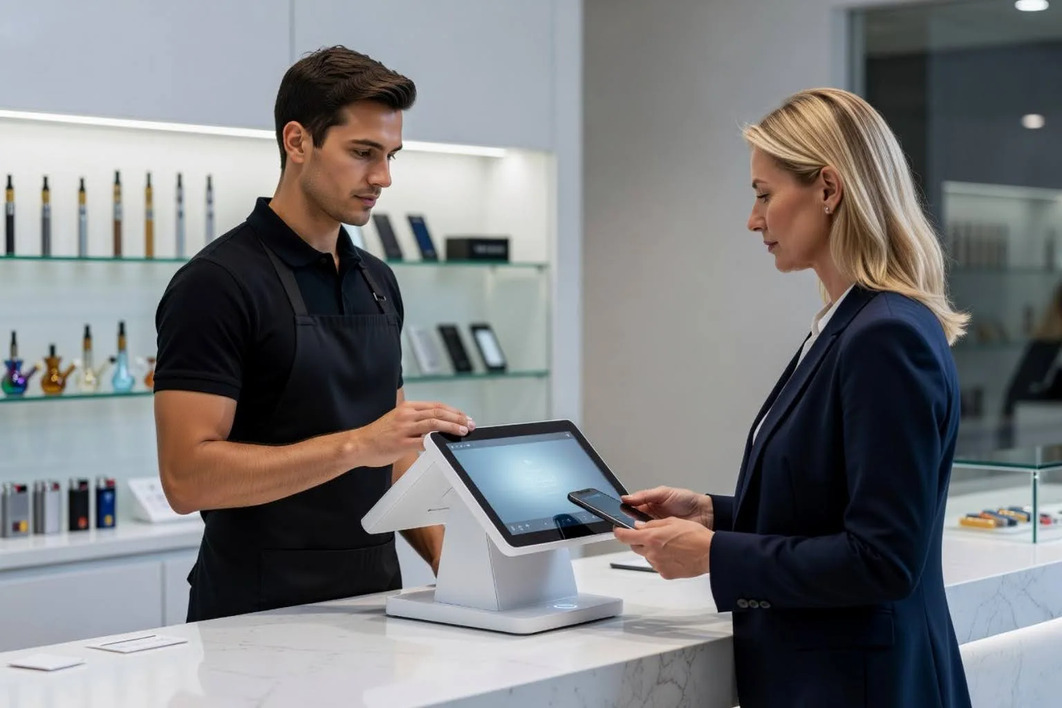 Customer paying at smoke shop using modern POS payment system