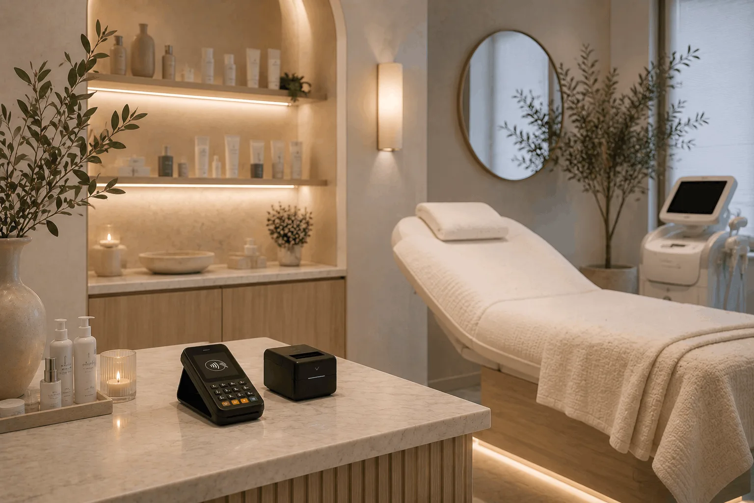 Med spa treatment room with subtle payment terminal and skincare products