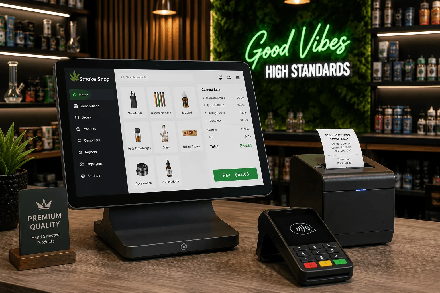 Modern smoke shop POS system with integrated payments and inventory display