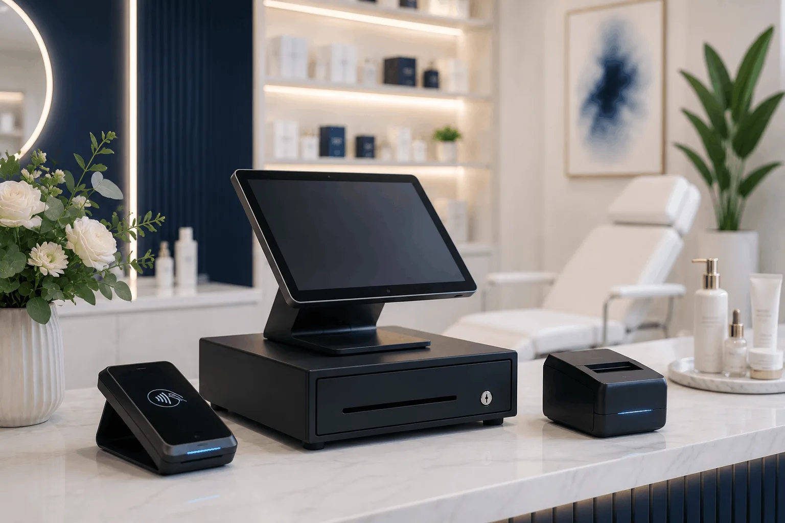 Modern med spa POS system with skincare product display and treatment room