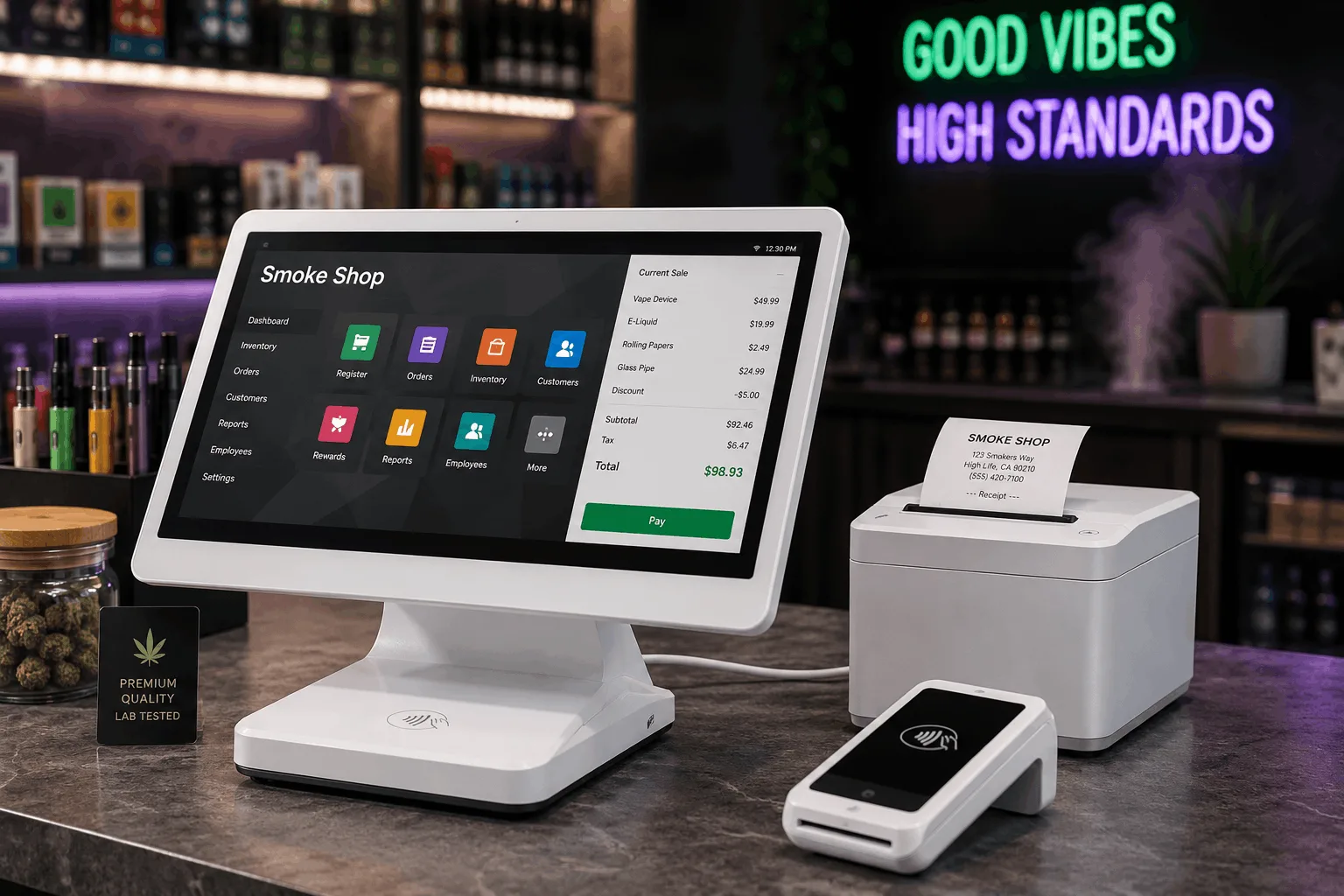 Smoke shop retail POS system with payment terminal and organized product shelving