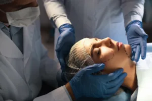 Doctor and nurse preparing a patient for cosmetic surgery, illustrating why plastic surgery practices are classified as high-risk merchants